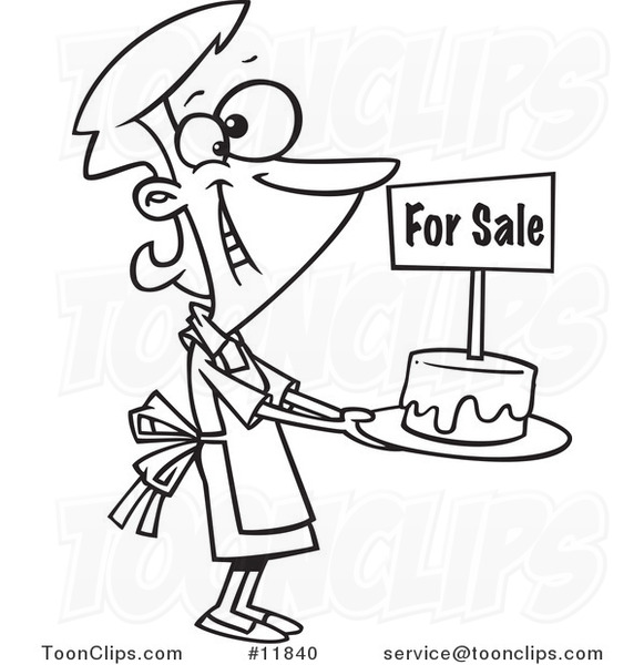 Cartoon Outlined Bake Sale Lady Holding out a Cake
