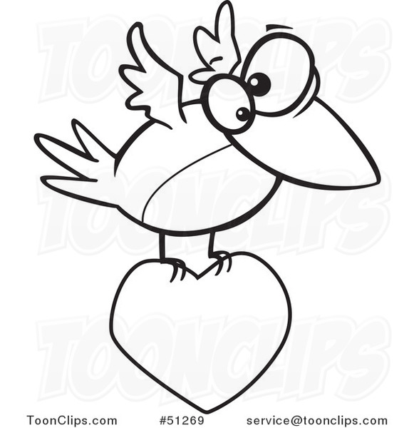 Cartoon Outlined Bird Flying with a Heart