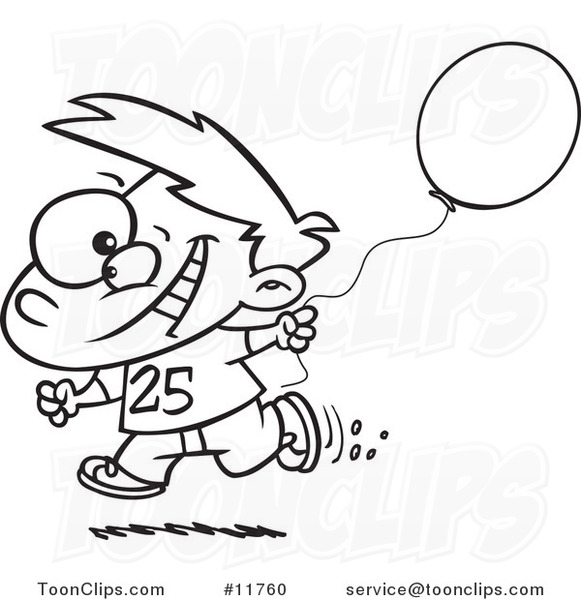 Cartoon Outlined Birthday Boy Running with a Party Balloon