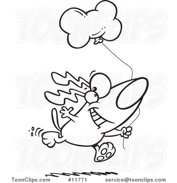 Cartoon Outlined Birthday Dog Running with a Party Balloon