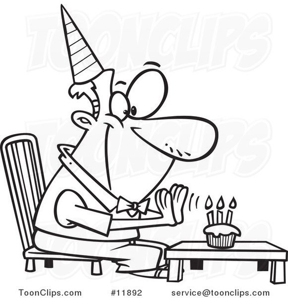 Cartoon Outlined Birthday Guy Seated Before His Cupcake