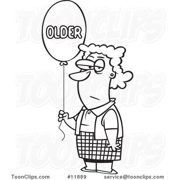 Cartoon Outlined Birthday Lady with an Older Balloon