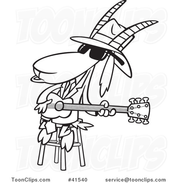 Cartoon Outlined Blues Goat Musician Playing a Guitar