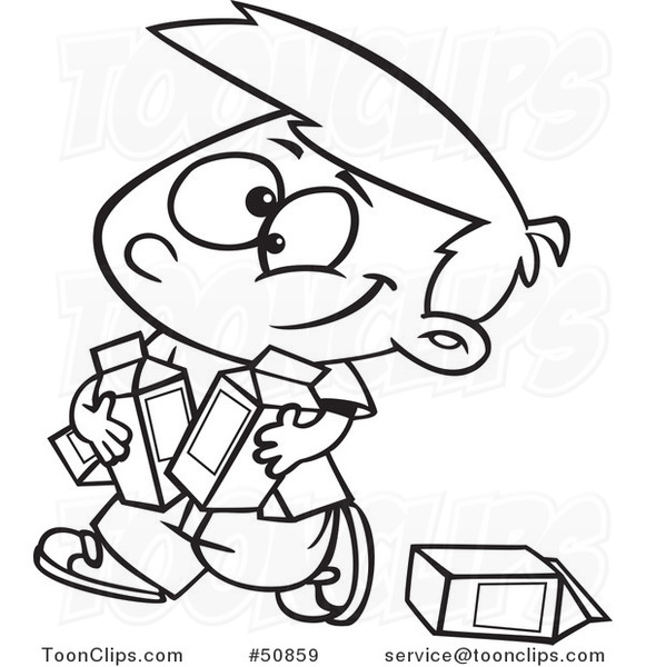 Cartoon Outlined Boy Carrying Quarts of Milk