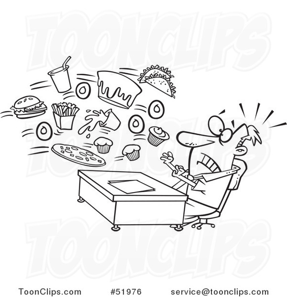 Cartoon Outlined Business Man Being Bombarded with Junk Food at the Office