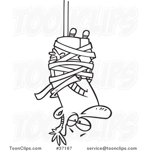 Cartoon Outlined Business Man Caught Hanging Upside down in Tape Formalities