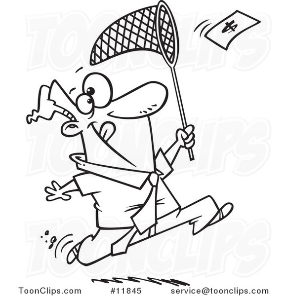 Cartoon Outlined Business Man Chasing Money with a Net