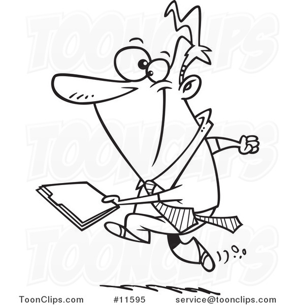 Cartoon Outlined Business Man Running with a File