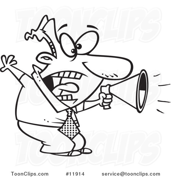 Cartoon Outlined Business Man Shouting in a Megaphone