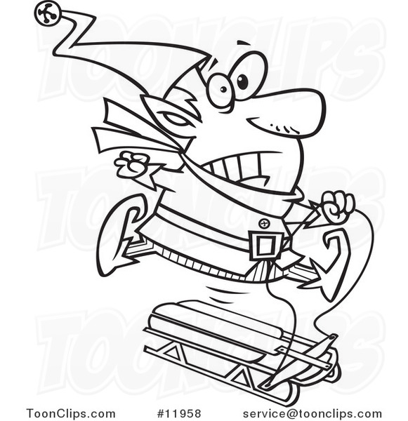 Cartoon Outlined Christmas Elf Losing Control of a Sled