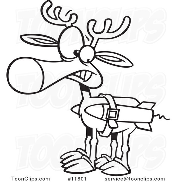 Cartoon Outlined Christmas Reindeer with Strapped Rockets