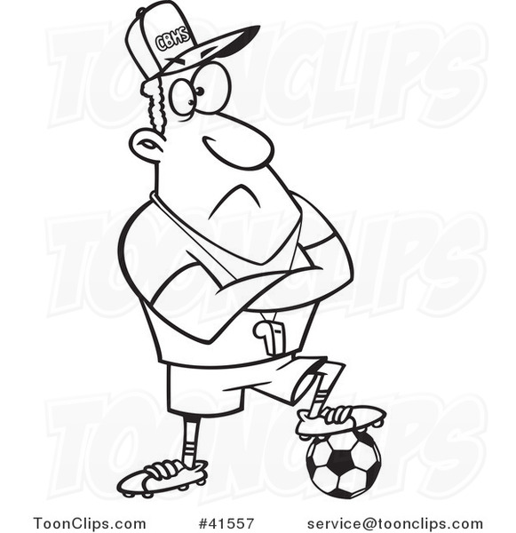 Cartoon Outlined Coach Guy Resting a Foot on a Soccer Ball