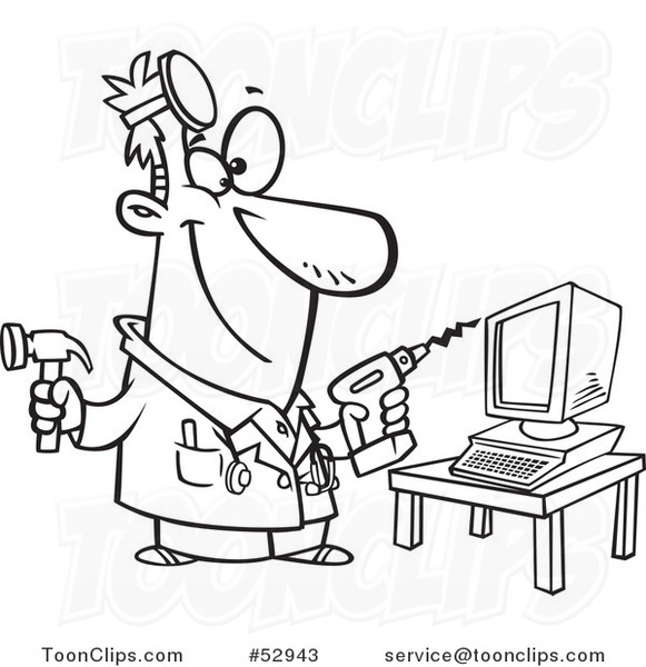 Cartoon Outlined Computer Repair Technician with Tools