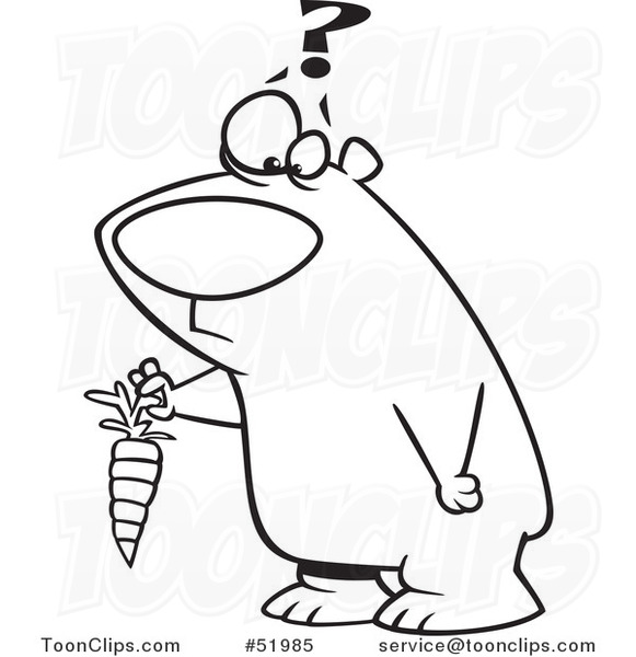Cartoon Outlined Confused Bear Holding a Carrot