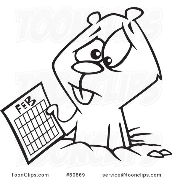 Cartoon Outlined Distressed Groundhog Holding a February Calendar