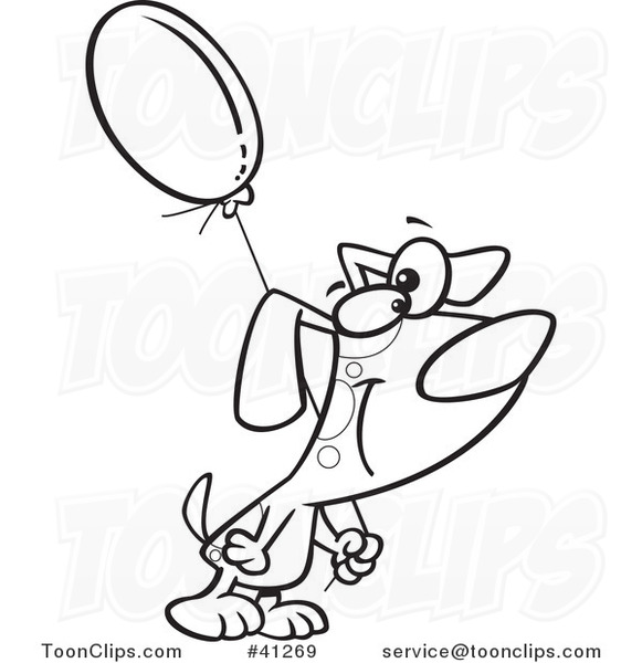 Cartoon Outlined Dog Carrying a Birthday Balloon