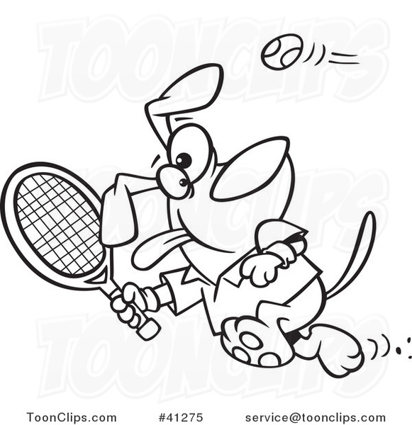 Cartoon Outlined Dog Swinging a Tennis Racket