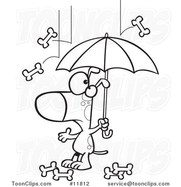 Cartoon Outlined Dog Under an Umbrella in Bone Rain