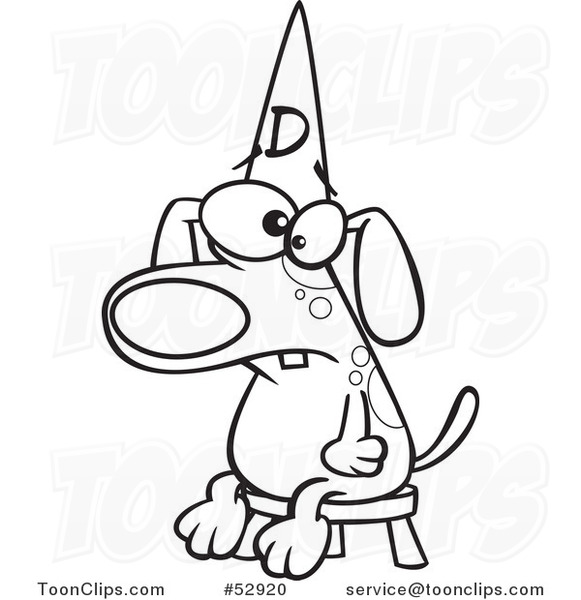 Cartoon Outlined Dumb Dog Wearing a Hat on a Stool
