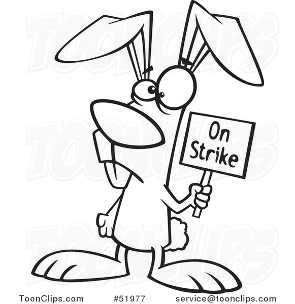 Cartoon Outlined Easter Bunny Holding an on Strike Sign