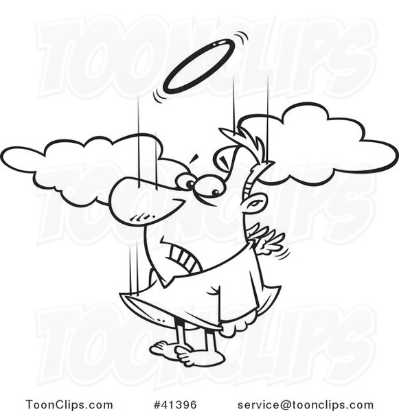 Cartoon Outlined Falling Angel Trying to Flap His Tiny Wings to Gain Altitude