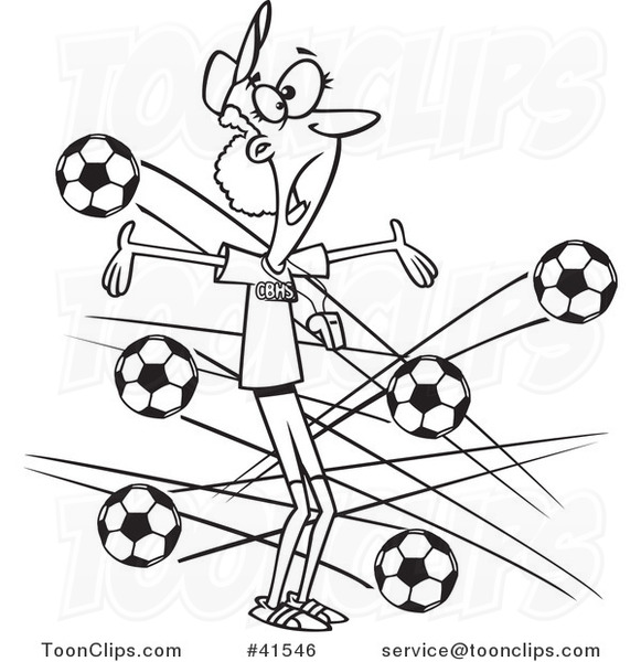 Cartoon Outlined Female Soccer Coach with Balls Flying at Her