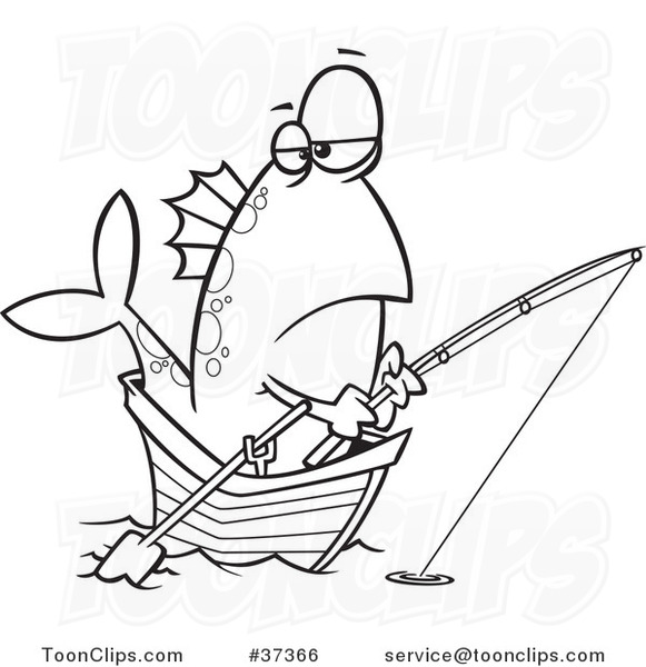 Cartoon Outlined Fish Fishing from a Boat
