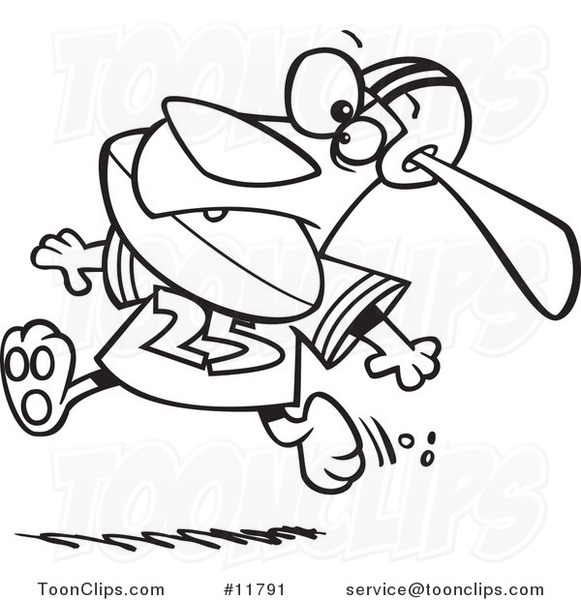 Cartoon Outlined Football Dog Character Running with the Ball in His Mouth