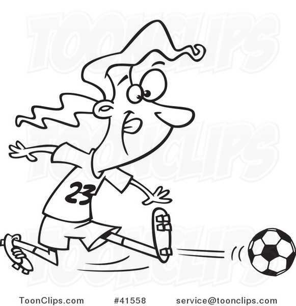 Cartoon Outlined Girl Kicking a Soccer Ball #41558 by Ron Leishman