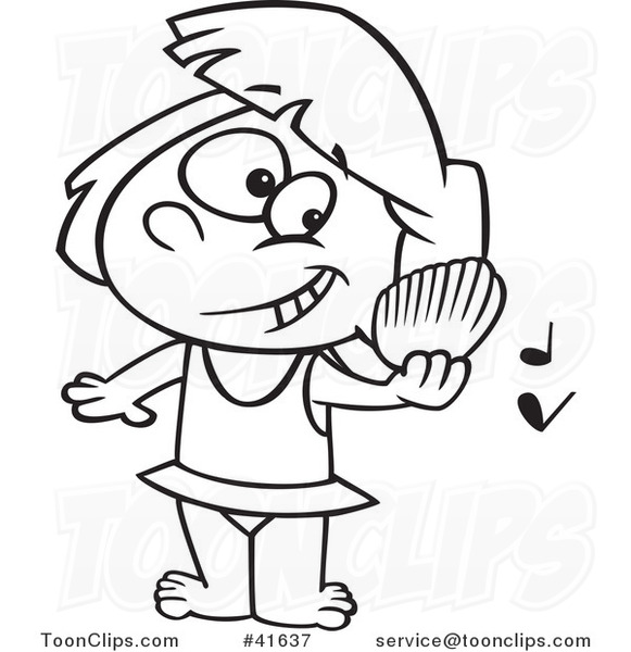 Cartoon Outlined Girl Listening to a Shell Play Music on a Beach