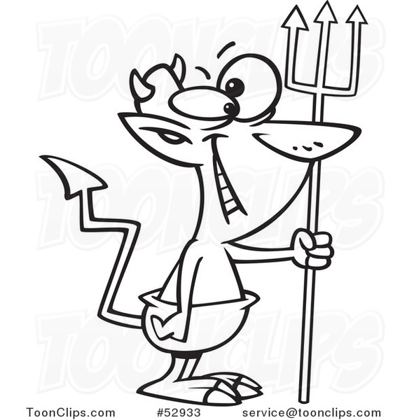 Cartoon Outlined Grinning Devil with a Crooked Tail