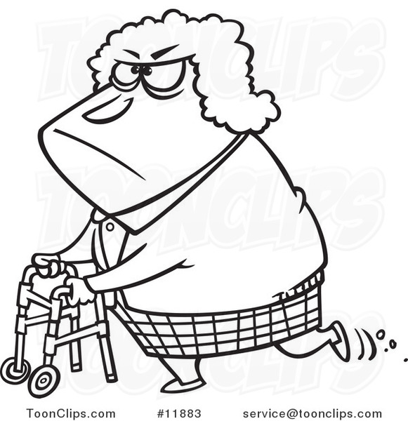 Cartoon Outlined Grumpy Granny Using Her Walker #11883 by Ron Leishman