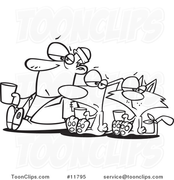 Cartoon Outlined Guy Dog Character and Cat Begging for Money #11795 by Ron  Leishman