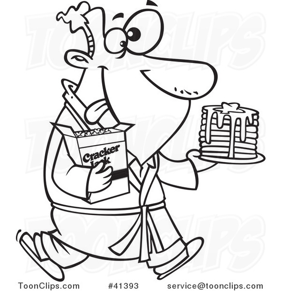 Cartoon Outlined Guy Eating Pancakes and Cracker Jacks for a Midnight Snack