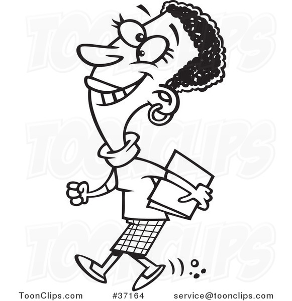 Cartoon Outlined Happy Black Businesswoman Walking to a Meeting