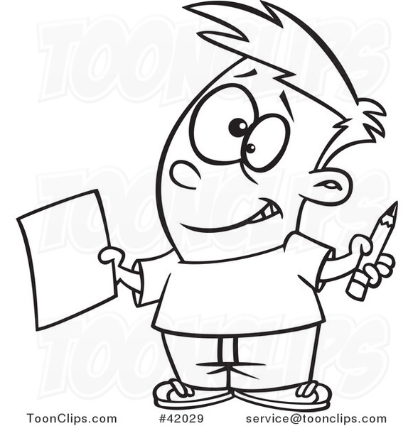 Cartoon Outlined Happy Boy Holding a Sheet of Paper and a Pencil