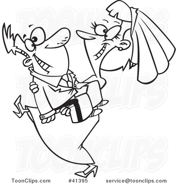 Cartoon Outlined Happy Bride Carrying Her Groom