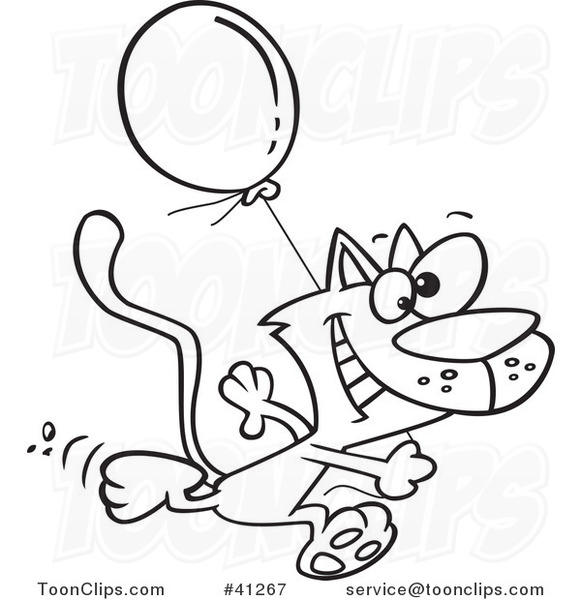 Cartoon Outlined Happy Cat Running with a Birthday Balloon