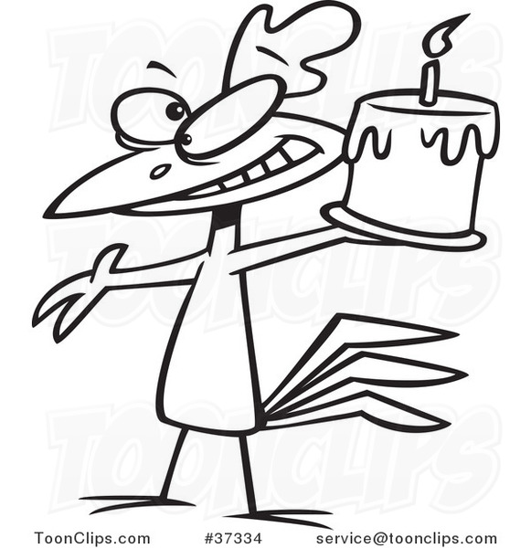 Cartoon Outlined Happy Chicken Holding a Birthday Cake