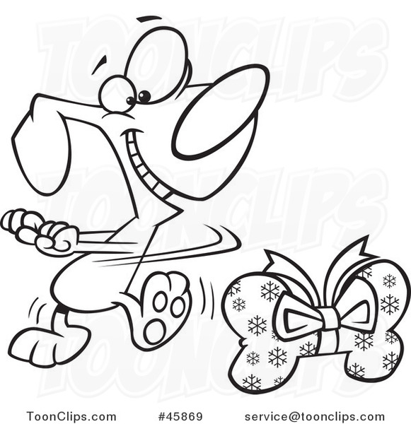 Cartoon Outlined Happy Christmas Dog Doing a Happy Dance by a Bone Gift