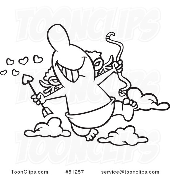 Cartoon Outlined Happy Cupid Holding a Bow and Arrow
