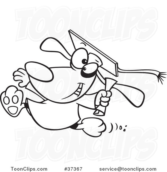 Cartoon Outlined Happy Graduate Dog Running with a Diploma