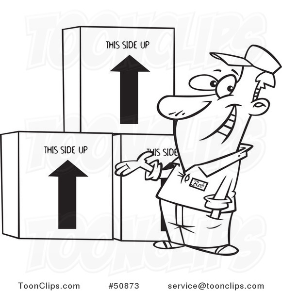 Cartoon Outlined Happy Mover Presenting Boxes