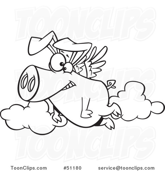 Cartoon Outlined Happy Pig Flying