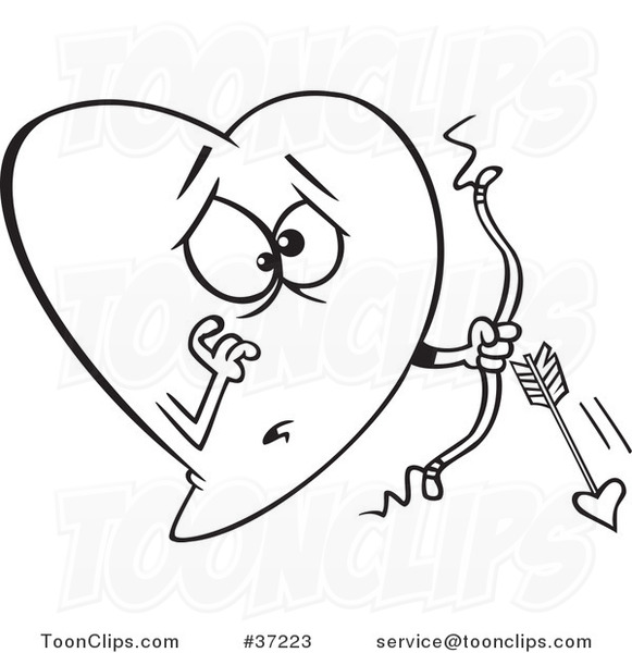 Cartoon Outlined Heart Cupid with a Broken Arrow