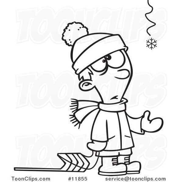 Cartoon Outlined Hopeful Boy with a Sled and One Snowflake