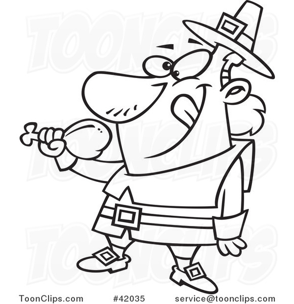 Cartoon Outlined Hungry Thanksgiving Pilgrim Eating a Drumstick