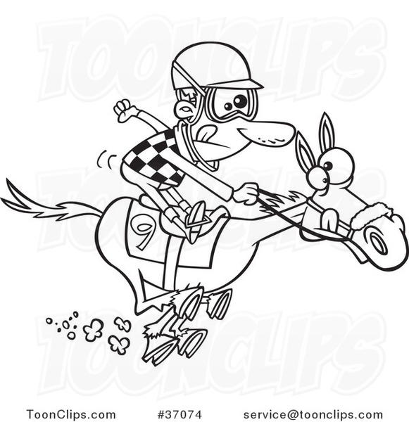 Cartoon Outlined Jockey Guy Racing a Horse