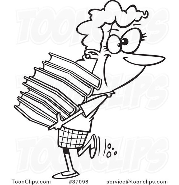 Cartoon Outlined Librarian or Heavy Reader Carrying a Large Stack of Books