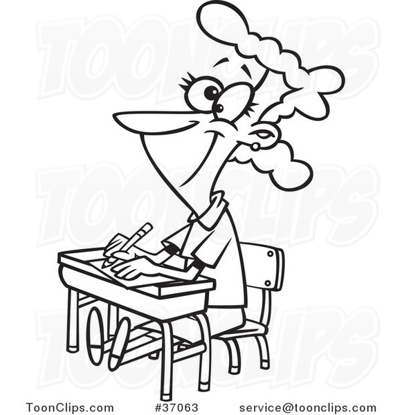 Cartoon Outlined Life Long Female Student Sitting at Her Desk